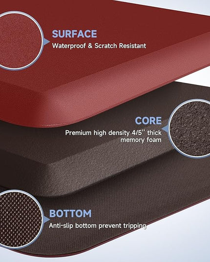 4/5 Inch Thick Kitchen Mat Anti Fatigue Mat Kitchen Rugs Kitchen Decor Non-Slip, Stain & Water Resistant, Kitchen Mats Desk Mat for Kitchen, Office, Workshop, Red, 17'' x 60''