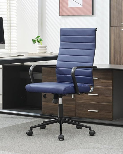 Okeysen Blue Leather Office Desk Chair, Conference Room Chairs Executive Chair Ribbed, Ergonomic Height Adjustable Swivel Rolling Chair for Home Office.