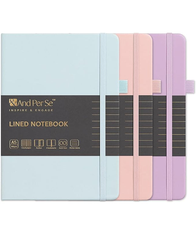 &And Per Se Lined Journal Notebook (3 Packs), 160 Pages 100GSM Thick Paper, A5 Hardcover College Ruled Journals for Writing, 5.7'' x 8'' (Cyan, Pink & Purple)
