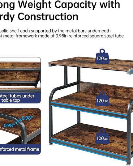 32.3" Wide Extra Large Printer Stand, 3 Tier Printer Table with Adjustable Storage Shelf, Rolling Printer Cart with Industrial Wheels for Home Office, Rustic Brown