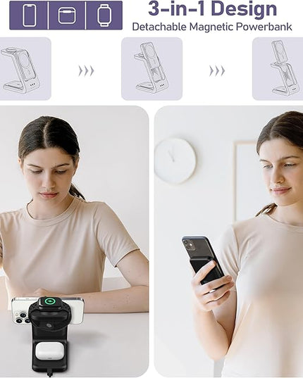 3 in 1 Wireless Charging Station: 5000mAh Removable Power Bank Charger Stand for Phone/Watch/Air Pods - Portable Magnetic Battery Pack for Air 17 16 15 14 13 12 Series