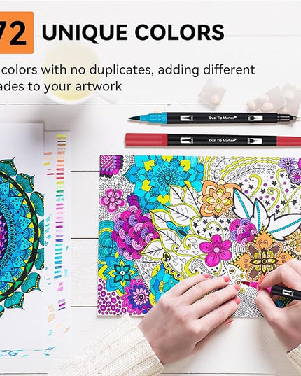 Dual Markers Brush Pens for Adult Coloring Books, 72 Colors Art Marker Set with Fine & Brush Tip Pen for Bullet Journaling, Coloring, Drawing, Hand Lettering, Calligraphy, Art Supplies