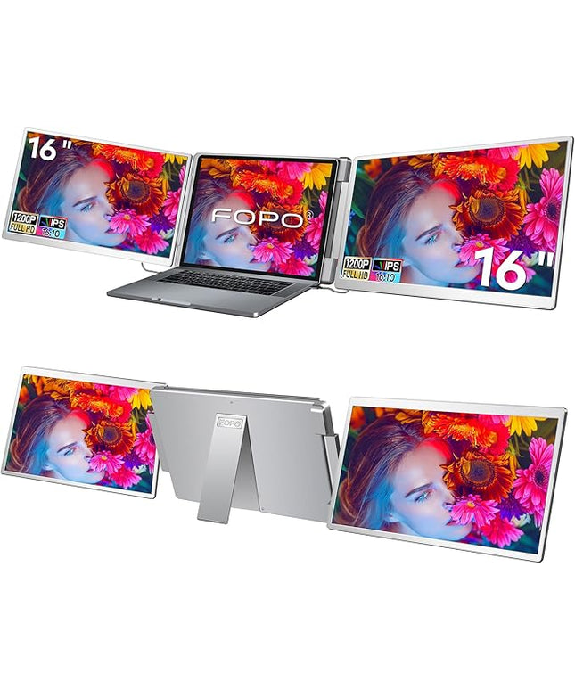 FOPO Portable Monitor for Laptop - 16” FHD 1200P Triple Monitor Laptop Screen Extender with HDMI and USB-C Connectivity for Effortless Multitasking-S11