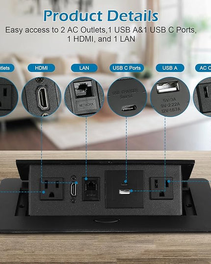 Hidden Pop-Up Outlet with 20W USB C Port Electrical Pop-Up Box Recessed Multimedia Strip Socket with 2 AC Outlets, USB A & USB C Ports with Outlet Network HDMI for The Conference Table (Black-B)
