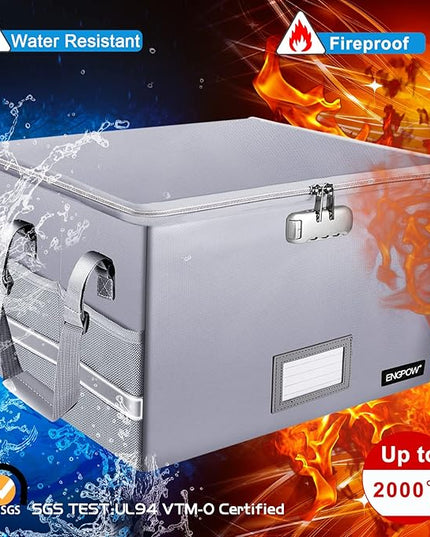 ENGPOW File Box with Lock, Fireproof Document Box with Zipper＆Pockets, Collapsible File Organizer Filing Storage Cabinet with Handle, Portable Home Office Safe for Hanging Letter/Legal Folder,Silver