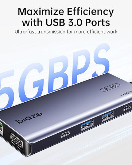 BIAZE 10-in-1 USB C Hub Multiport Adapter, 4K60Hz HDMI & VGA, 100W PD Charging, Gigabit Ethernet, USB 3.0, SD/TF Card Reader, 3.5mm Audio, for MacBook, iPad, Dell, HP and More Type C Laptops