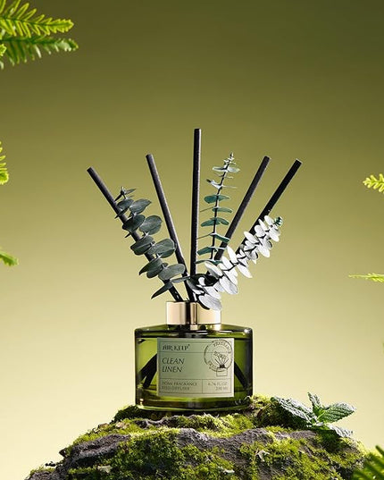 Airkeep Reed Diffuser Set with 6.76 fl oz Clean Linen Scent Essential Oils and 3 Leaves & 8 Diffuser Sticks,Bathroom Shelf Decor & Air Freshener, House Bedroom Office Decor & Gifts
