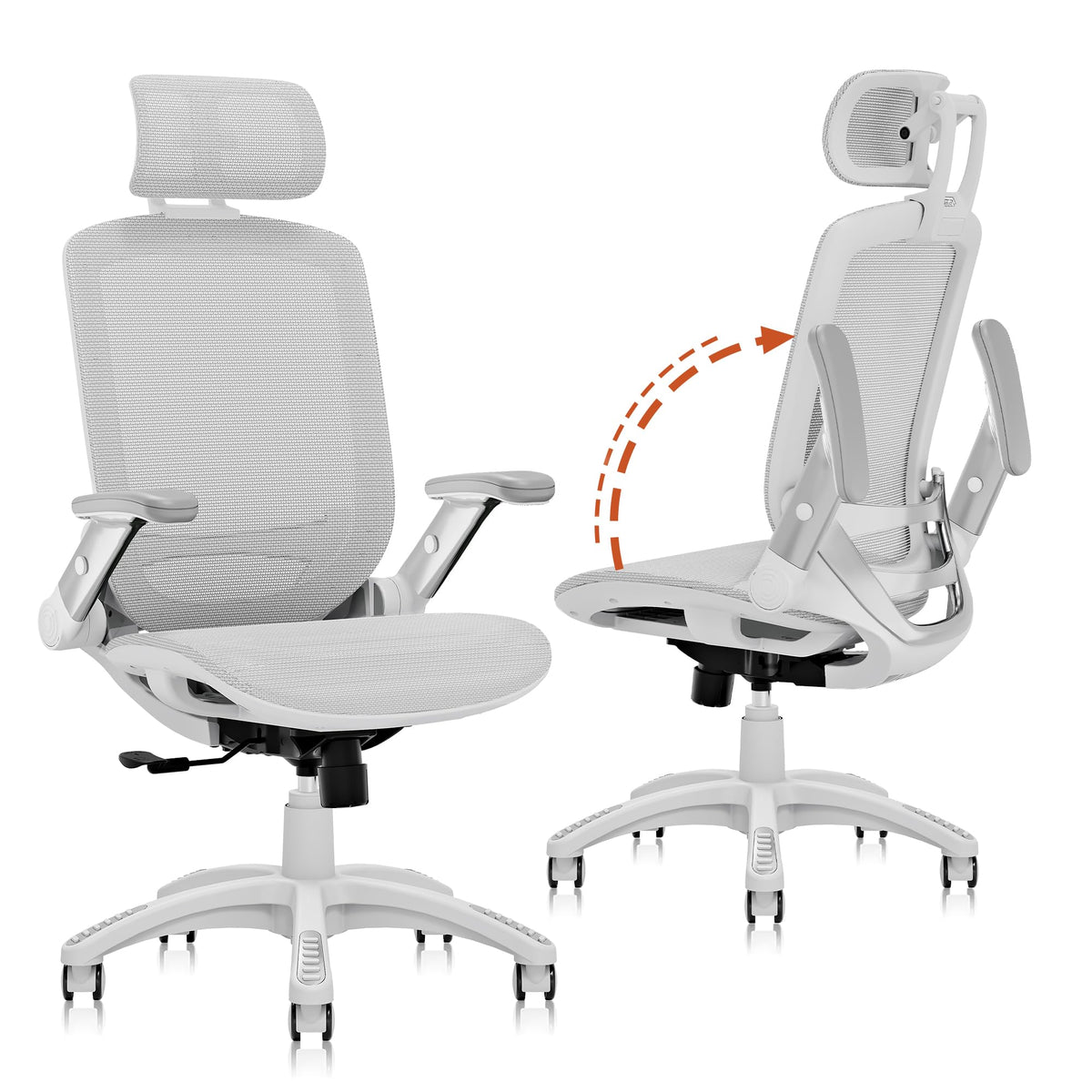 GABRYLLY Ergonomic Office Chair, High Back Home Desk Chair with 2D Flip-Up Arms, 3D Headrest, 90-120° Tilt and Wide Cushion, Big and Tall Mesh Chairs for Man Woman, Computer Task Chair Light Grey