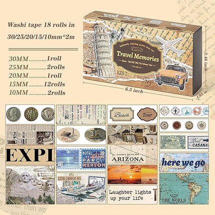 Auguro 18 Rolls Travel Washi Tape Set journaling Tape for Crafts and Journaling DIY Scrapbook Tape for journaling Scrapbooking Supplies washi Tape for Scrapbooking
