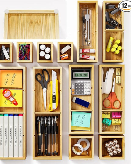 12-Piece Bamboo Desk Drawer Organizer Tray – Adjustable Storage Boxes with 24 Adjustable Compartments for Office Drawer, Jewelry, Vanity & Desk Accessories