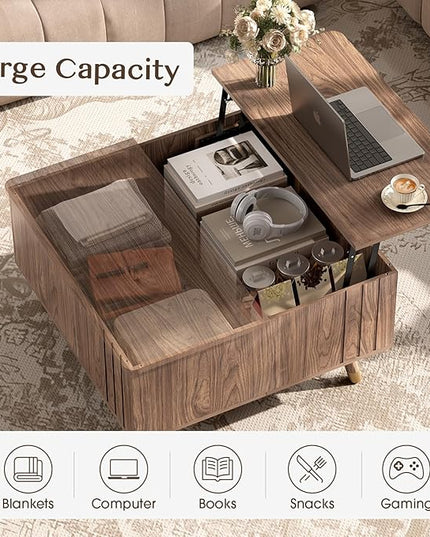 JOINICE 32" Square Lift Top Coffee Table with Storage,Mid Century Modern Walnut Center Table with Rising Desktop for Living Room, Brown Wood Finish