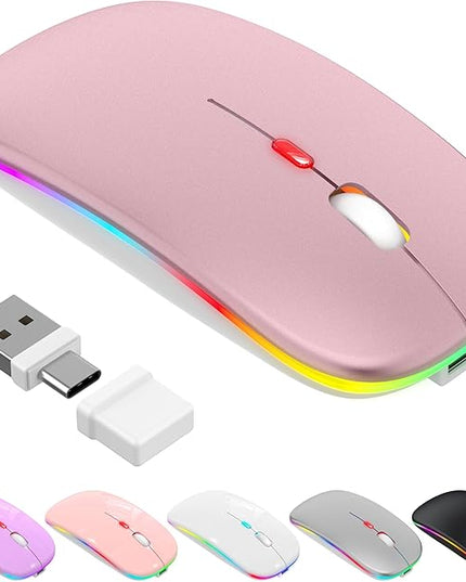 LED Bluetooth Wireless Mouse for MacBook Air Mac Pro Laptop iPad –Rechargeable Silent Light-Up Optical Mouse with Jiggler Dual Mode BT5.2 & USB-A/USB-C for Students, Kids, Girls, Boys – Rose Gold