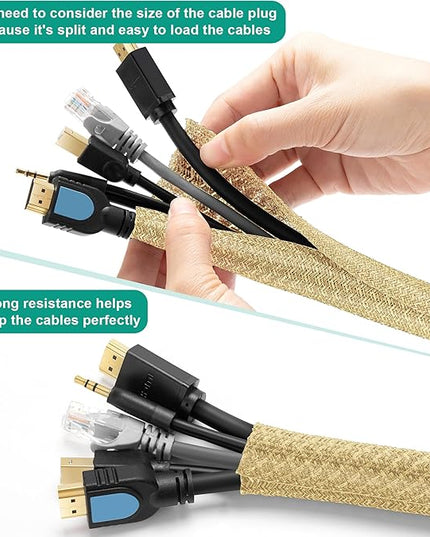 6.6ft - 1 inch Gold Cable Sleeve, Cable Organizer for Desk PC TV Computer, Wire Protector Cable Wrap Cover, Cord Management for Home Office