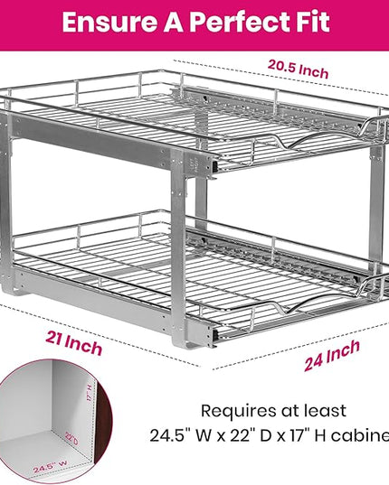 HOLDN’ STORAGE Two Tier Pull Out Cabinet Organizer, Individual Sliding Drawers - Heavy Duty Metal with Lifetime Limited Warranty - Anti Rust Chrome Finish - 24" W x 21”D x 16.5" H