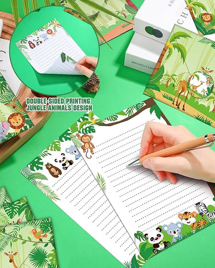 TaoBary 160 Pcs Stationery Paper Set 50 Double Sided Stationery Papers with 50 Matching Envelopes and 60 Round Dot Sticker, 10 Design(Safari Animal,5.5 x 8.25 Inch)