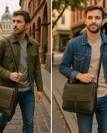 Leather Messenger Bag for Men 14" Leather Laptop Bag Vintage Crossbody Office Satchel Travel Shoulder Bag
