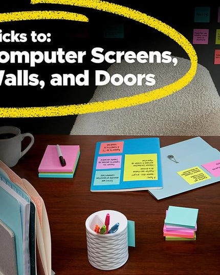 Post-it Super Sticky Notes, Assorted Bright Colors, 3x3 in, 15 Pads, 45 Sheets/Pad, 2X The Sticking Power, Recyclable, Multi-Color (Pack of 6)