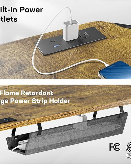 HUANUO 63″ Dual Motor L-Shaped Standing Desk, Built-in Power Outlets, Electric Height Adjustable Corner Computer Desk, Large Power Strip Holder, Sit Stand Up Desk with 3 Preset Heights, Vintage Brown