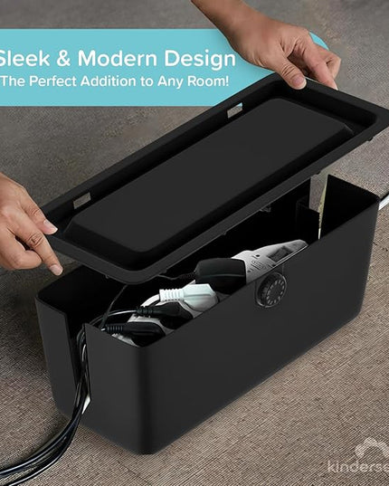 KinderSense® Cable Management Box - Cord Organizer with Child Proof Lock - Cord Hider to Conceal Wires,Power Strips from TV,Computer,Desk and Babies - 12 X 5.25 x 5.25 (Black)