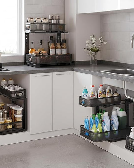 2 Pack Under Sink Organizer, Dual-Layer Pull Out Mesh Cabinet Rack with 5-Level Height Adjustment, Rust-Resistant Sliding Storage for Bathroom & Kitchen, Multi-Purpose 2-Tier Shelf(Black)