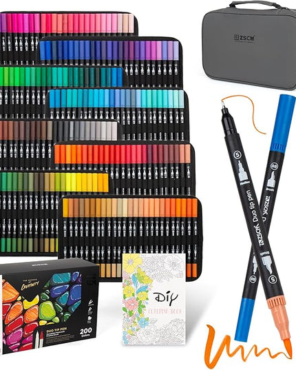 200 Colors Markers for Adult Coloring Books No Bleeding - Duo Tip Art Pens, Fine & Brush Coloring Marker for Adult Calligraphy, Illustration, Cards Drawing, Note taking Lettering, Journaling