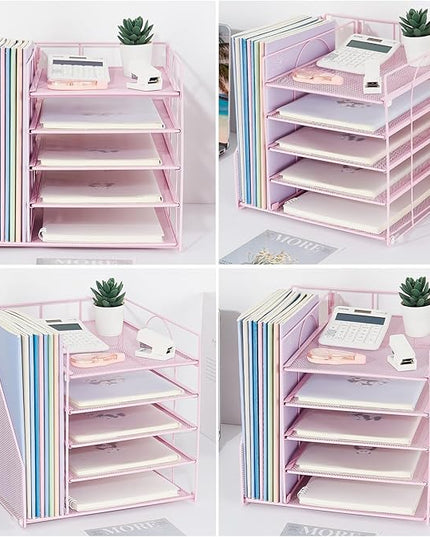 LEKETREE Desk Organizers and Accessories, 5-Tier Paper Letter Tray Organizer with File Holder, Desktop Organizer for Office Supplies (Pink)