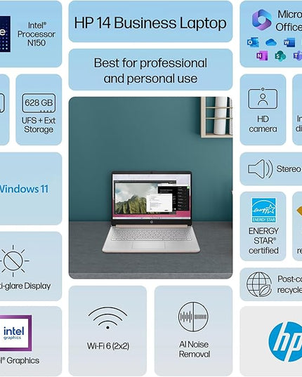 HP 14 Laptop Student Business 2025 Flagship, AI Copilot, 4-Core 13th Gen Intel CPU, 16GB RAM 628GB Storage (128GB UFS+ 500GB Ext), 1-Yr Office 365, Long Battery HubxcelAccessory Win 11S Rose Gold