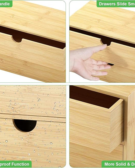 Bamboo Desk Organizer with Drawers - Small Desktop Storage Container for Countertop & Tabletop - No Assembly Required