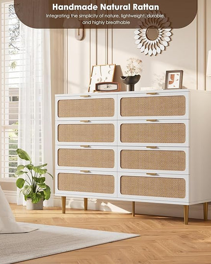 Garvee Rattan Dresser with 8 Drawers, Tall Modern Closet with Deep Storage, Large Chest of Drawers with Wide Top, Long Wooden Dresser for Bedroom, Living Room, Hallway, Kids Room, White