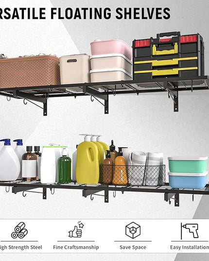 2 Pack Garage Wall Shelves, 46"X 12.5" Garage Shelving Wall Mounted, Heavy Duty Shelf Organizer with 8 Hooks, Black Floating Storage Metal Rack 320 LBS Capacity for Laundry Room, Office, Basement