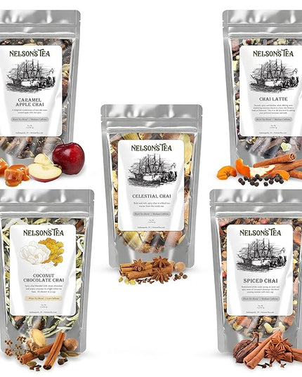 Nelson's Tea Chai Sampler Pack - 5 Flavors Variety Pack - Loose Leaf Tea Sampler - Caramel AppleChai, Celestial Chai, Chai Latte, Coconut ChocolateChai, Spiced Chai - 2 Oz Sizes