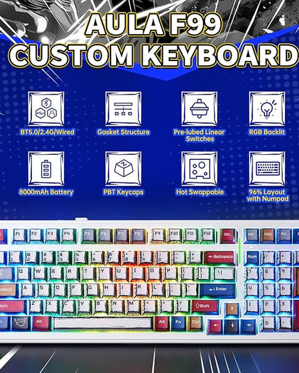 Aula F99 Mechanical Gaming Keyboard, Wireless Creamy Keyboard Hot Swappable Custom Bluetooth Computer Keyboards, Tri-Mode BT5.0/2.4GHz/USB-C, Pre-lubed Linear Switches, RGB Backlit, Gasket Structure