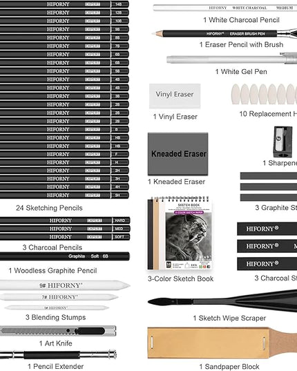 HIFORNY 58 PCS Drawing Kit Sketching Pencil Set,Sketch Pencils Art Supplies with 3-Color Sketchbook,Graphite,Charcoal,Blending Tools,Drawing Pencils for Adults Artists