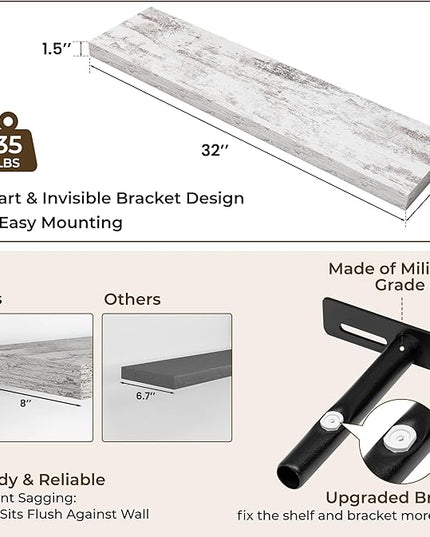 RICHFOCUS 31.5Inch Floating Shelves for Wall 2 Pack Shelves for Bedroom|Kitchen|Bathroom Wall Mounted Rustic Distressed Wood Floating Shelf with Invisible Brackets for Books|Storage|Decor, Rustic
