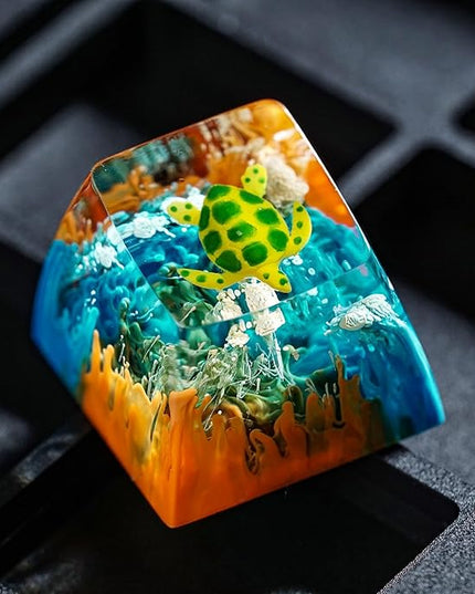 Sea Turtle Artisan Keycap Orange and Blue Coral R1 SA Profile Custom Sea Creatures Keycaps 1U ESC Handmade Gaming Ocean Resin Key Cap Cherry MX Switch Compatible Mechanical Keyboard Turtle Lover Gift