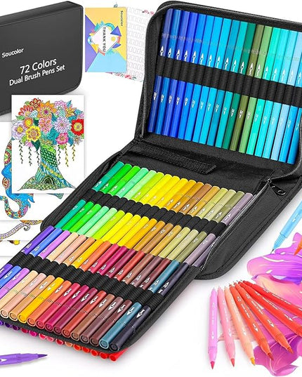 Soucolor Art Supplies for Adults, 72 Colors Dual Tip Brush Fine Tip Markers, Art Kit Drawing Set with Art Case Coloring Set, Art Set Art Supplies