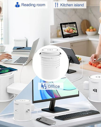 Pop Up Outlet for Countertop with 15w Wireless Charger, 4.7-Inch Pop Up Outlet with 4 Outlets and 2 USB-A, 1 USB-C, Pop Up Power Outlet for Kitchen Countertop, Conference Room, Study Room (White)