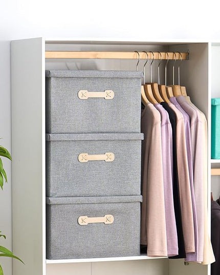 Enzk&Unity Decorative Storage Boxes with Lids, 3 Pack Grey Fabric Storage Bins with Handle, Foldbale and Stackable Storage Boxes for Shelf, Closet, Bedroom, Living Room