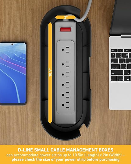 D-Line Cable Management Box, Power Strip Cover, Floor Outlet Hider, Desk Cord Organizer, Hide Extension Leads, 12.75" (L) x 5" (W) x 4.5" (H), for use with Power Strips up to 10.5in (L) - Small, Black