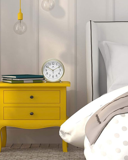 Infinity Instruments Tabletop Alarm Clock Decorative Cute 5.75 inch Face Modern Round Analog Easy-to-Read Matte Gold Small