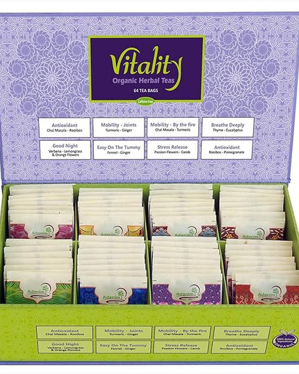 Adanim Bio Vitality Organic Herbal Tea Sampler Gift Set Caffeine Free 8 Flavors Variety Pack 64 Individually Wrapped Tea Bags for Gifting