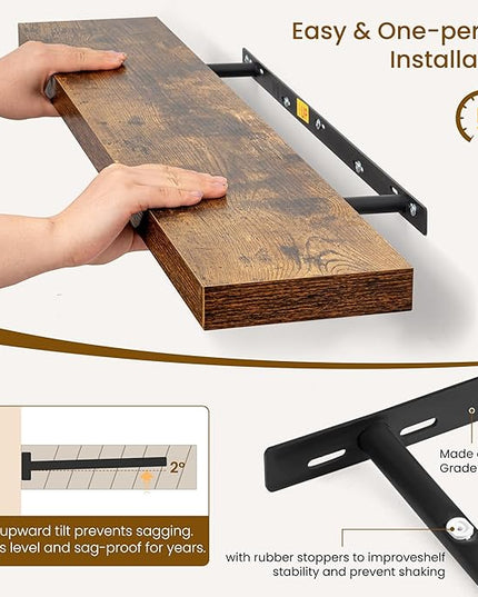 Dreamland 72Inch Floating Shelves for Wall, Rustic Wooden Storage Shelf for Living Room, Kitchen, Farmhouse, Wall Mounted Display Shelving with Invisible Heavy-Duty Metal Bracket, Set of 2 - Brown