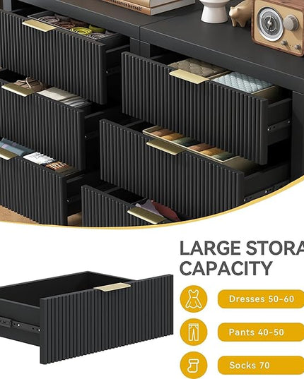 LSKTGA 3 Drawer Dresser, Chest of Drawers Organizer with Waveform Panel, Large Fluted Dresser with Wide Drawers and Golden Handles, Wood Storage for Bedroom, Hallway, Entryway, Black