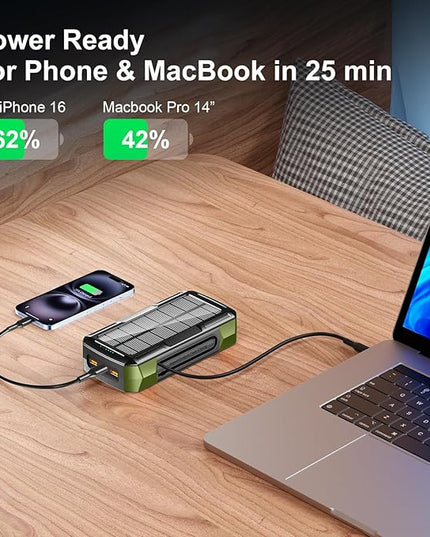 Solar Charger Power Bank 73200mAh, Portable Laptop Charger with 100W USB-C in/Output, Built-in Cables, Hand Crank Power Bank for Mobile Phones, Ideal for Outdoor Use with SOS/Strobe/Strong (green)