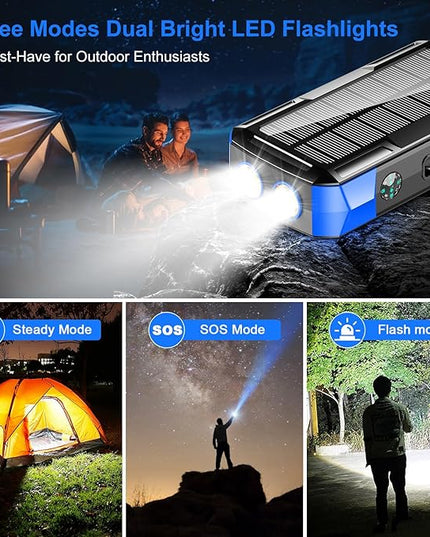 Solar Charger Power Bank 73200mAh, Portable Laptop Charger with 100W USB-C in/Output, Built-in Cables, Hand Crank Power Bank for Mobile Phones, Ideal for Outdoor Use with SOS/Strobe/Strong (blue)