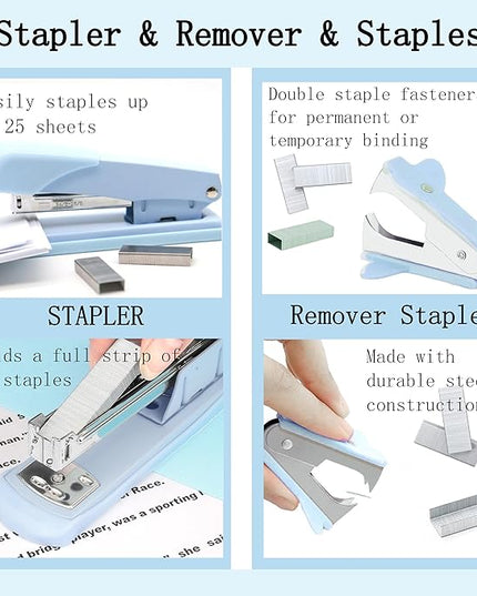 Blue Office Desk Accessories Supplies, 10pcs Desk Organizers and Accessories with Tape Dispenser and Stapler,Staples,Scissor,Ruler,Sticky Tabs,Tape,Ballpoint Pen,Clips Set