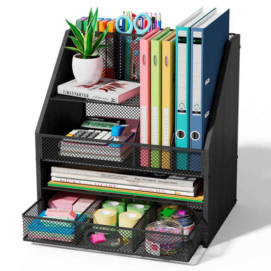 Homsorout Wooden Desk Organizer - Mesh File Organizer with Drawers and Pen Holder - 4-Tier Vertical Paper Letter Storage Tray, Desktop Organizers and Accessories for Home Office (Black