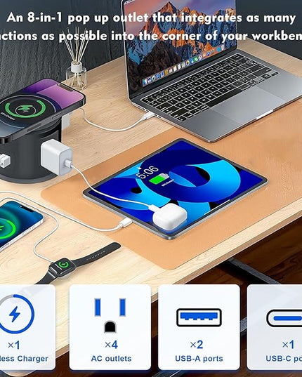 Pop Up Outlet for Countertop with 15w Wireless Charger, 4.7-Inch Pop Up Outlet with 4 Outlets and 2 USB-A, 1 USB-C, Pop Up Power Outlet for Kitchen Countertop, Conference Room, Study Room (Black)
