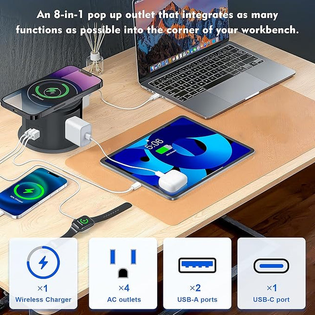 Pop Up Outlet for Countertop with 15w Wireless Charger, 4.7-Inch Pop Up Outlet with 4 Outlets and 2 USB-A, 1 USB-C, Pop Up Power Outlet for Kitchen Countertop, Conference Room, Study Room (Black)