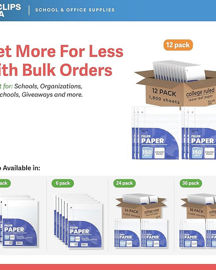 Loose Leaf Paper College Ruled Notebook Paper College Ruled Lined Writing Filler Paper 10.5” x 8” 1800 Sheets 150 Sheets Per Pack 60 gsm (12 Pack)